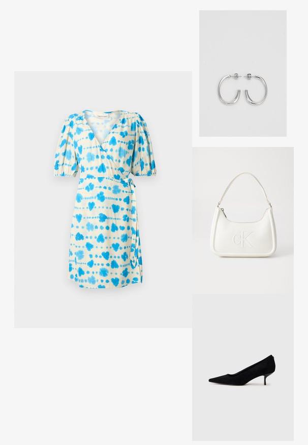 Rochie cu maneci scurte, dintr-un material crem, cu modele tie-dye albastre, având talie ajustată și fustă evazată, și un detaliu de legare pe lateral.; Pantofii cu toc înalt din suede negru, cu vârf ascuțit și un toc subțire, jos. Textură netedă, cu un design elegant, fără hardware vizibil.; Geantă de umăr din piele albă cu formă curbată, având un logo "CK" embosat pe partea din față și un singur braț de umăr. Închidere cu fermoar în partea de sus.; Cercei rotunzi din argint cu un finisaj neted și strălucitor. Design ușor, având o formă rotundă și închidere cu tijă.