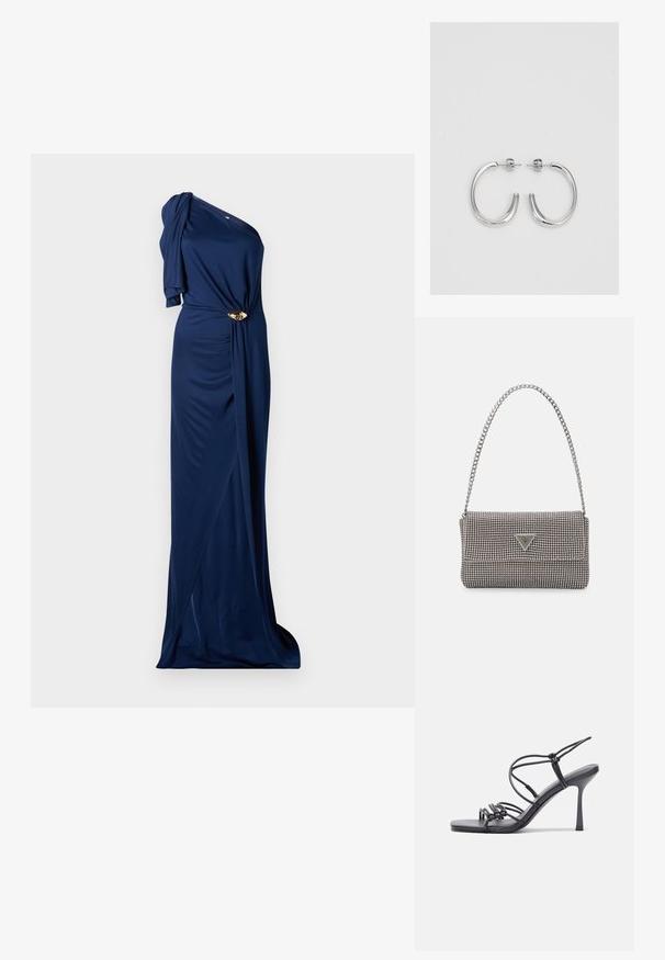 Tamsiai mėlyna vieno peties suknelė, pagaminta iš lygaus audinio, su susuktos mazgo detale liemenyje ir aukso spalvos akcentu.; Juodos aukštakulnės sandalai pasižymi plonyčiais dirželiais su mazgo dizainu, lygiu kvadratiniu pirštu ir elegantišku stiletto kulnu.; Šviesiai pilka metalinė rankinė su grandinėlės dirželiu, papuošta mažais apvaliais metaliniais smeigėmis ir trikampiu prekės ženklu.; Sidabrinės auskarai žiedai su lygiu, blizgiu paviršiumi. Suapvalinta forma, lengvas dizainas, su uždarymu ant smeigtuko.