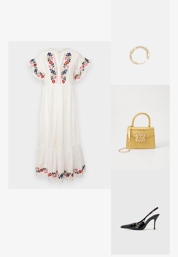 Robe maxi blanche ornée de broderies florales en rouge, bleu et rose. Présente un décolleté en V, des manches courtes à volants et un ourlet en cascade.; Chaussure à talons hauts en cuir verni noir avec bout pointu, accents en métal doré et design épuré.; Sac à main en faux crocodile jaune avec un design structuré, une poignée supérieure, une bandoulière en chaîne amovible, et un ornement cristallin décoratif sur le fermoir.; Bague en or ornée d'un design organique et torsadé, avec une texture lisse et des extrémités effilées, créant une apparence moderne et sculpturale.