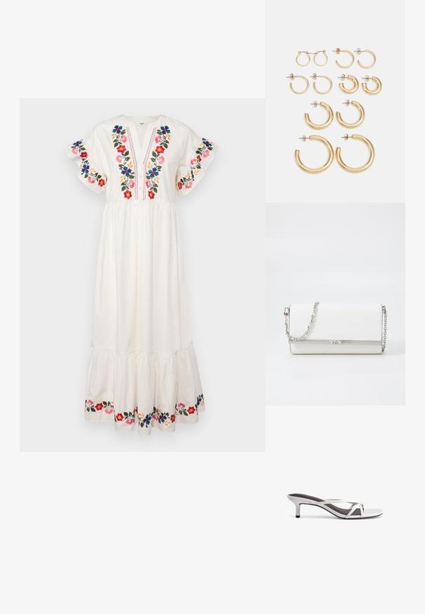 Robe maxi blanche ornée de broderies florales en rouge, bleu et rose. Présente un décolleté en V, des manches courtes à volants et un ourlet en cascade.; Sandales argentées à talon avec un design à brides croisées, une texture lisse et un bout pointu. Le talon mesure environ cinq centimètres de haut.; MICHAEL Michael Kors MONA - Sac bandoulière - optic white; Ensemble de boucles d'oreilles en or en forme de créoles présentant différentes tailles et designs, y compris des styles petits, moyens et grands, avec des finitions métalliques lisses.