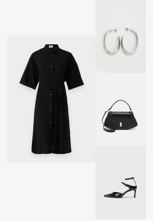 Svart skjortekjole laget av lett stoff, med krage, korte ermer, frontknapper og belte i matchende stoff.; Sorte lakkede hæle med spids tå, justerbare ankelstropper og en slank hæl. Glat tekstur med en skinnende overflade.; Sort lærveske med en strukturert design, som har en avkortet form, topphåndtak og detaljer i gull. Justerbar skulderstropp inkludert.; Sølvøreringer med en jevn, buet design. Har en blank metallisk finish og en studlås. Ingen synlige mønstre eller aksenter.