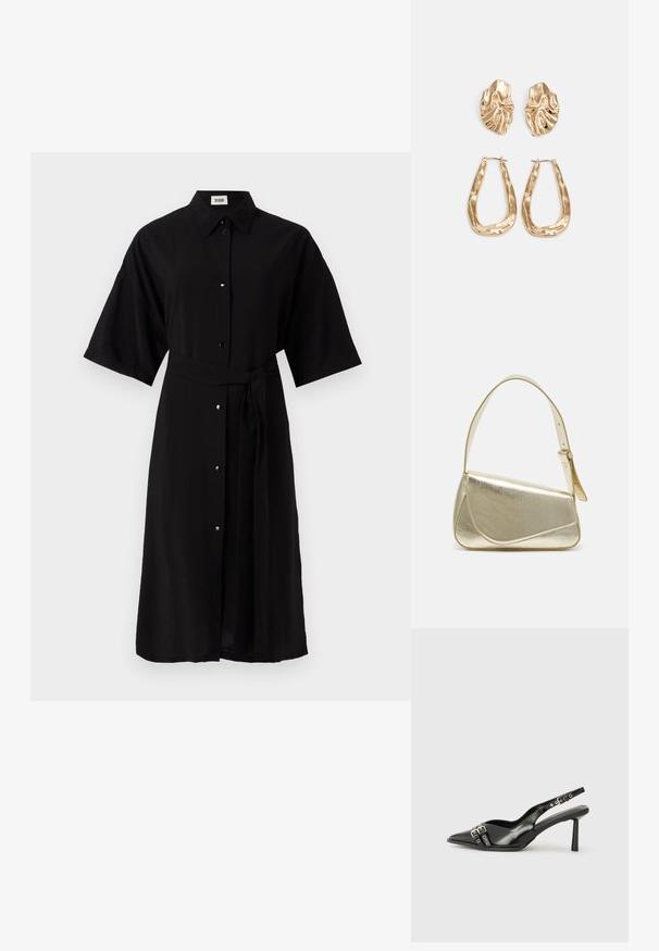 Rochie neagră dintr-un material ușor, cu guler, mâneci scurte, butoane în față și o curea asortată din același material.; Pantofii slingback din piele lăcuită neagră, cu vârf ascuțit, bretele pentru gleznă cu catarame și accesorii din argint, și un toc subțire.; Geantă de umăr metalică aurie cu un design structurat, textură netedă și curea reglabilă. Prezintă o formă triangulară unică și cusături minimaliste.; Cercei aurii cu forme texturate și ondulate. Include studs sculpturale cu clip și un design de cerc deschis cu un finisaj cioplit.