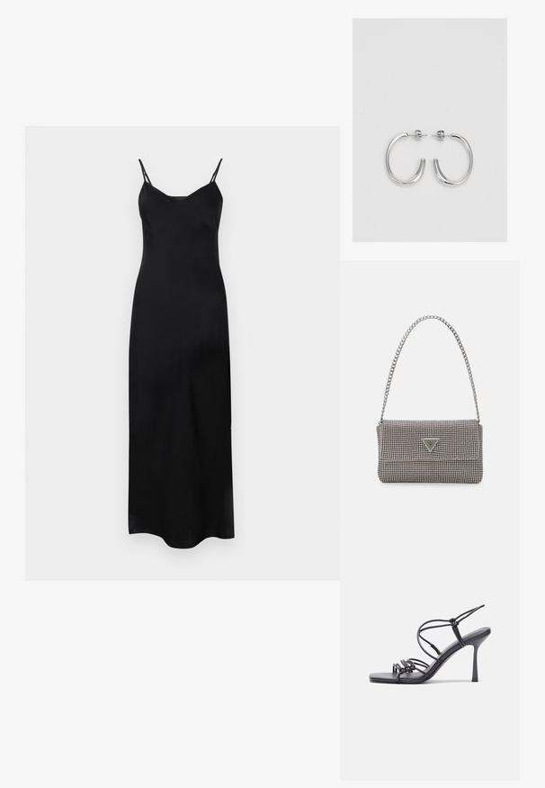 Fekete, ujjatlan midi ruha állítható spagetti pántokkal, sima textúrával, V-nyakkal és oldalsó hasítékkal a szabad mozgás érdekében.; Fekete magas sarkú szandálok vékony pántokkal, csomózott mintával, sima négyzetes orral és karcsú stiletto sarkal rendelkeznek.; Világosszürke fémes kézitáska lánc pánttal, kis kör alakú fém kifinomult díszítéssel és háromszög alakú márkagéppel.; Ezüst karika fülbevalók sima, fényes felülettel. Lekerekített forma, könnyű kialakítással, tűs zárómechanizmussal.