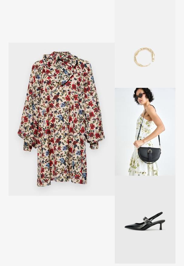 Haljina s cvjetnim uzorkom u svijetlosmeđoj boji s crvenim, plavim i zelenim cvjetovima, s visokim ovratnikom, naboranim rukavima i slobodnim krojem.; Crne lakirane slingback potpetice s oštrim prstom i malom blok petom, s naglaskom na srebrnoj kopči na remenu.; Crna kožna torba s lukovitim oblikom, odvojivim remenom i zlatnim detaljima. Torba ima preklop s kopčom.; Prsten u zlatnoj nijansi s organskim, uvijenim dizajnom, glatkom teksturom i suženim krajevima, koji stvara moderan, skulpturalni izgled.