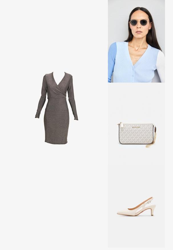 Dlhý rukáv, priliehavé šaty z metalickej sivej tkaniny s prekrývajúcim sa dizajnom a hlbokým výstrihom, s hladkou textúrou a priliehavým strihom.; Biele slingback topánky na podpätku s ostrou špičkou, hladkým vrchným materiálom, nízkym blokovým podpätkom a bočným výrezom s nastaviteľným remienkom na pracku.; Okrúhle slnečné okuliare s tmavými šošovkami a zlatým rámom. Modelka má na sebe svetlomodrý pletený kardigán s gombíkmi a bielymi rukávmi v kontraste.; Michael Kors zápästná taška v béžovej potiahnutej plátenej tkanine s opakujúcim sa vzorom loga MK, zlatým kovania a odnímateľným reťazovým popruhom.