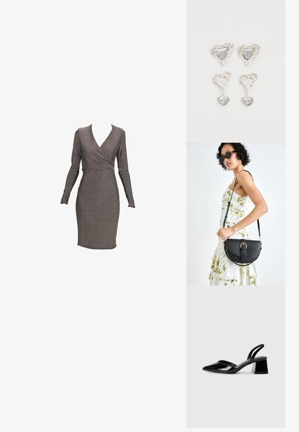 Vestido de manga longa, justo ao corpo, em tecido cinza metálico com design envolvente e decote profundo, apresentando uma textura suave e silhueta ajustada.; Sandy em verniz preto com salto slingback, ponta afilada e salto geométrico. Apresenta um design elegante e minimalista com textura suave.; Bolsa de couro preta com forma curva, alça destacável e detalhes em dourado. A bolsa possui uma aba com detalhe de fivela.; Os brincos em forma de coração prateados apresentam pedras claras facetadas, com uma moldura texturizada. O conjunto inclui estilos de botão e de gota.