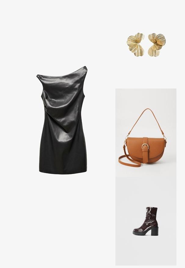 Mango Cocktailklänning - black; Glansig bordeauxfärgad ankelsko med en kraftig svart klack, som har en slät yta och enkel design. Inga synliga stängningar eller mönster.; Brun läder crossbody-väska med en böjd form, gyllene detaljer och en spänneaccent. Har en avtagbar axelrem.; Guldtonade blommformade örhängen med lager av kronblad, featuring en texturerad yta och en central pärldetalj.