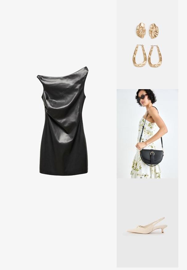 Mango Koktel haljina / svečana haljina - black; Cipele s povučenom petom i uskim nosom u boji off-white, s malim detaljem mašne i niskom potpeticom. Glatka tekstura, minimalistički dizajn.; Crna kožna torba s lukovitim oblikom, odvojivim remenom i zlatnim detaljima. Torba ima preklop s kopčom.; Naušnice zlatne boje s teksturiranim, valovitim oblicima. Uključuju skulpturalne kopče i dizajn otvorene kružnice s kovanom završnom obradom.