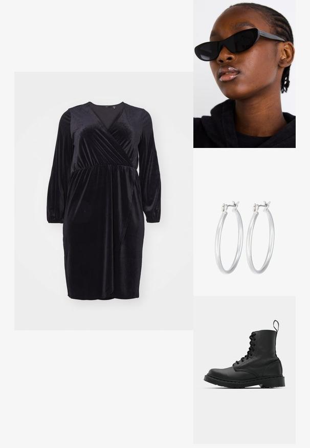 Čierne zamatové šaty s dlhými rukávmi, výstrihom do V, skladajúcim pásom a mierne rozšírenou sukňou, ktorých textúra je mäkká a hladká.; Čierna kožená bojová topánka s okrúhlou špičkou, šnurovaním na prednej strane a pútkom pri členku. Má hrubú gumovú podrážku pre trvanlivosť.; Čierne slnečné okuliare v štýle mačacích očí s matným povrchom, s elegantným dizajnom a jemne zakrivenými hranami, umiestnené na pozadí modela v tmavom oblečení.; Strieborné kruhové náušnice s hladkým, lesklým povrchom. Kolový tvar a bezpečné klikanie na uzatváranie. Ľahký dizajn vhodný na každodenné nosenie.