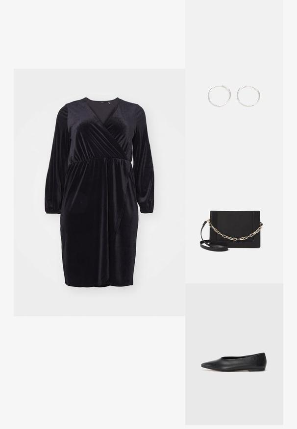 Robe en velours noir avec des manches longues, un décolleté en V, une taille froncée et une jupe légèrement évasée, présentant une texture douce et lisse.; Ballerines noires en cuir, à bout pointu, design minimaliste, texture lisse, talon bas, sans matériel ni embellissements visibles.; Sac bandoulière en cuir noir avec une texture lisse, de forme rectangulaire et un détail en chaîne métallique à l'avant. Sangle réglable incluse.; Boucles d'oreilles en argent avec un design rond et épuré, présentant une surface lisse et sans embellissements visibles. Diamètre non spécifié.