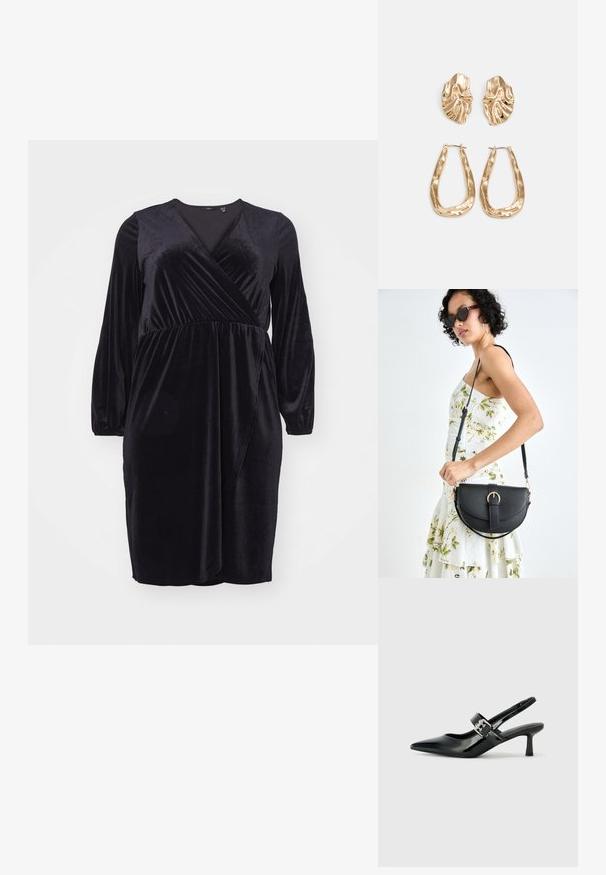 Robe en velours noir avec des manches longues, un décolleté en V, une taille froncée et une jupe légèrement évasée, présentant une texture douce et lisse.; Escarpins slingback en cuir verni noir avec un bout pointu et un petit talon bloc, mettant en avant un accent en boucle argentée sur la sangle.; Sac à main en cuir noir avec une forme courbée, bandoulière amovible et des accessoires en or. Le sac est doté d'un rabat avec un détail de boucle.; Boucles d'oreilles dorées présentant des formes texturées et ondulées. Comprend des clips sculpturaux et un design de créoles ouvertes avec une finition martelée.