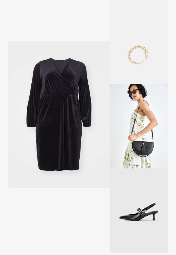 Robe en velours noir avec des manches longues, un décolleté en V, une taille froncée et une jupe légèrement évasée, présentant une texture douce et lisse.; Escarpins slingback en cuir verni noir avec un bout pointu et un petit talon bloc, mettant en avant un accent en boucle argentée sur la sangle.; Sac à main en cuir noir avec une forme courbée, bandoulière amovible et des accessoires en or. Le sac est doté d'un rabat avec un détail de boucle.; Bague en or ornée d'un design organique et torsadé, avec une texture lisse et des extrémités effilées, créant une apparence moderne et sculpturale.