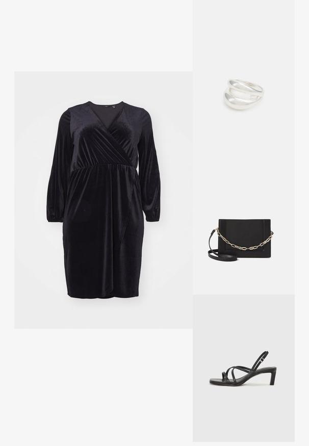 Musthavee mustmustm mustmust mustm must vam vuonna mustm mustmas, V-kaelusega ja kogutud vöökoht, veidi laienev seelik, millel on pehme ja sile tekstuur.; Mustast rihmajalatsid ruudukujulise varba ja madala ploki kontsaga. Omab mitmeid õhukesi rihmasid ja reguleeritavat pahkluu rihma. Valmistatud siledast nahast.; Mustast nahast õlakott, mis omab siledat tekstuuri, ristküliku kuju ning esiküljel metallketi detaili. Reguleeritav rihm on kaasas.; Hõbedane kahekordne rõngas sujuva, poleeritud pinnaga. Omab voolavat, kõverat disaini, millel on kattuvad sektsioonid, et saavutada kaasaegne ilme.