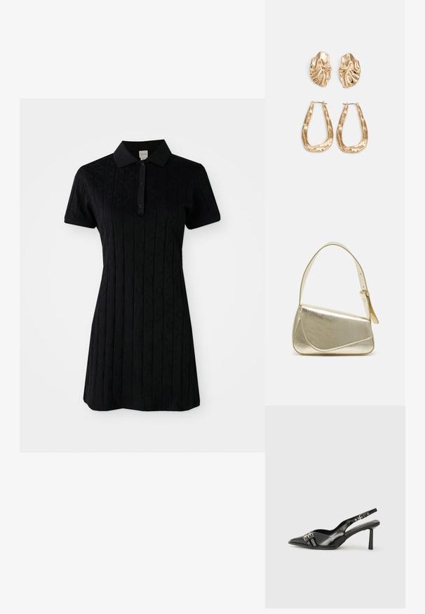 Vestido polo preto com mangas curtas, apresentando um colarinho e um padrão texturizado de diamantes e círculos. Fecho de botão no pescoço.; Sapato slingback preto em pele patentada com bico apontado, tiras no tornozelo apresentando fivelas e acessórios prateados, e um salto elegante.; Bolsa de mão metálica dourada com um design estruturado, textura suave e alça ajustável. Apresenta uma forma triangular única e costura minimalista.; Brincos em tom de ouro com formas onduladas e texturizadas. Inclui studs escultóricos com presilha e um design de argola aberta com um acabamento martelado.