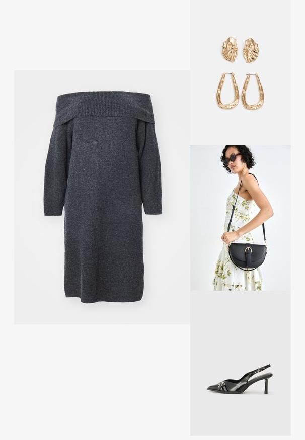 Off-the-shoulder dark gray knitted dress with long sleeves, a loose fit, and ribbed neckline, showcasing a textured fabric.; Black patent leather slingback shoe with pointed toe, ankle straps featuring silver buckles and hardware, and a slender heel.; Black leather handbag with a curved shape, detachable strap, and gold hardware. The bag features a flap with a buckle detail.; Gold-tone earrings featuring textured, wavy shapes. Includes sculptural clip-on studs and open hoop design with a hammered finish.