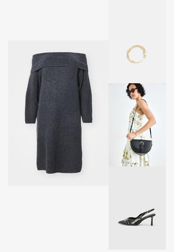 Kleita ar off-the-shoulder izgriezumu, tumši pelēka, adīta, ar garām piedurknēm, brīvi pieguļoša, ar ribotas apdari ap kaklu, demonstrējot teksturētu audumu.; Melnā patentēta ādas sandale ar norādītu purngalu, potītes siksniņām ar sudraba sprādzēm un aparatūru, kā arī smalku papēdi.; Melnas ādas rokassoma ar izliekta formu, noņemamu siksnu un zelta aksesuāriem. Somai ir vāciņš ar sprādzes detaļu.; Zelta toņa gredzens ar organisku, vērptu dizainu, gludu virsmu un sašaurinātiem galiem, radot mūsdienīgu, skulpturālu izskatu.