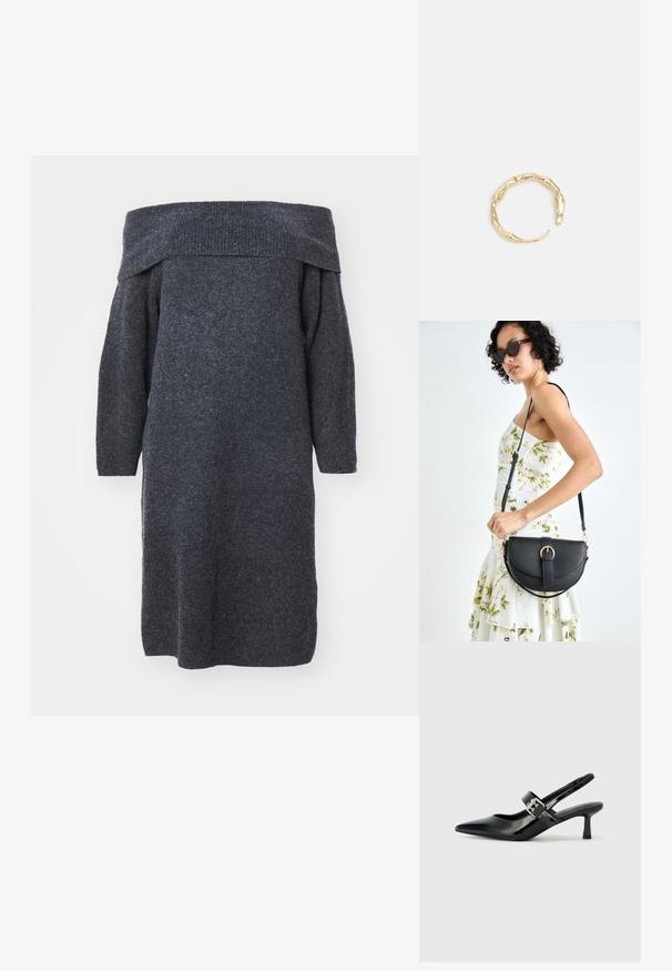 Tummanharmaa neulottu mekko, jossa on off-the-shoulder-malli, pitkät hihat, löysä istuvuus ja ribattu kaula-aukko, esittelee tekstuurillista kangasta.; Musta patenttinaahkakengät, joissa on osoittava kärki ja pieni lohko korko, varustettuna hopeisella soljella hihnassa.; Musta nahkainen käsilaukku, joka on kaareva muotoilultaan, irrotettavalla hihnalla ja kultaisilla yksityiskohdilla. Laukussa on läppä, jossa on solk yksityiskohta.; Kultaketju, jossa on orgaaninen, kierretty muotoilu, sileä pinta ja cappatut päät, luoden modernin, veistoksellisen ilmeen.