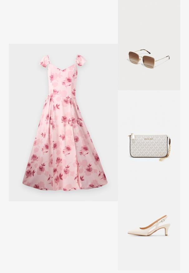 Roosa lillemusteriga kleit lühikeste puhvvarrukatega, täiesti istuv kehaosa ja laienev seelik. Omab peent rooside mustrit ja sileda kangastekstiuri.; Valge slingback konts, terava ninaga, siledast ülemisest materjalist, madala ploki kontsaga ja külgse nähtavusega ning reguleeritava pandla rihmaga.; Kuldne metallist prillid neljakanda raami, pruuni gradueeritud objektiivide ja kilpkonnakilbi detailidega kätel. Kerge disain.; Michael Korsi randmevõru beige kaetud kangast, millel on korduv MK logo muster, kuldne riistvara ja eemaldatav ahelistrap.