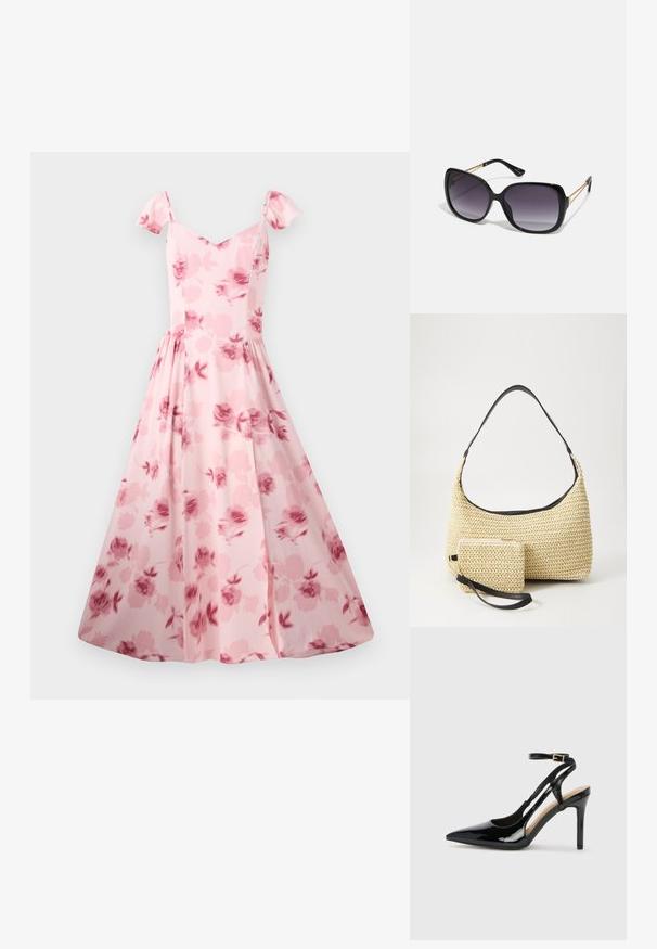 Roze bloemenjurk met korte puffmouwen, een aansluitend lijfje en een uitlopende rok. Bevat een subtiel rozenpatroon en een gladde stoffen textuur.; Zwarte lakleren hoge hak slingback schoenen met spitse neus, verstelbare enkelband en open zijkanten. Gladde textuur.; Zwarte oversized zonnebril met gradient glazen, dikke montuur en gouden kettingdetails op de pootjes.; Geweven strohandtas met een gebogen silhouet, voorzien van een soepele zwarte leren schouderband en een bijpassend klein zakje dat is bevestigd met een polsband.
