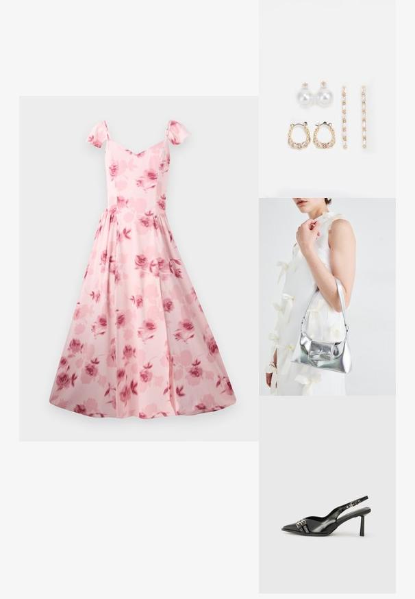 Rózsaszín virágmintás ruha rövid puff ujjakkal, testhez simuló felső résszel és bővülő szoknyával. Finom rózsamintázat és sima szövet jellemzi.; Fekete lakk bőr, hegyes orrú slingback cipő, boka pántokkal, ezüst csatokkal és hardverelemekkel, valamint karcsú sarkú.; Ezüst fémes kézitáska, struktúrált formával, felső fogantyúval és masnis részlettel az elején. Simaságával és fényes felületével tűnik ki.; Három fülbevalópár: nagy fehér gyöngy fülbevalók, arany karika fülbevalók, tiszta drágakövekkel, és két hosszú, egyenes arany akcentus fülbevaló csillogó részletekkel.