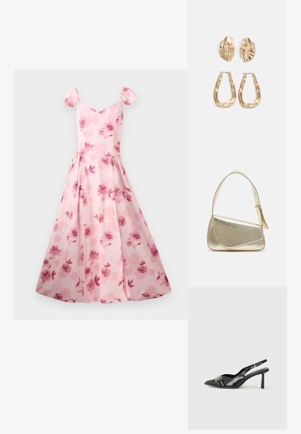 Roosa lillemusteriga kleit lühikeste puhvvarrukatega, täiesti istuv kehaosa ja laienev seelik. Omab peent rooside mustrit ja sileda kangastekstiuri.; Must musta nahk kingad sanga ja terava ninaga, ankle strapidega, millel on hõbedased pandlad ja riistvara ning õhuke konts.; Kuldmetallist käekott, millel on struktureeritud disain, sile tekstuur ja reguleeritav rihm. Omab ainulaadset kolmnurkset kuju ja minimalistlikku õmblust.; Kuldse värvi kõrvarõngad, mis on kaunistatud tekstuursete ja laineliste kujunditega. Komplektis on skulpturaalsed klamber kõrvarõngad ja avatud rõngasdisain, millel on lõhestatud viimistlus.