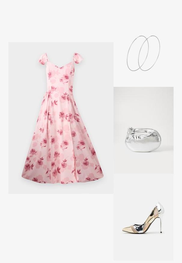 Roosa lillemusteriga kleit lühikeste puhvvarrukatega, täiesti istuv kehaosa ja laienev seelik. Omab peent rooside mustrit ja sileda kangastekstiuri.; Kitsas toe kõrge kontsaga kingad, millel on hõbedane, kuldne ja nude värvilahendus. Läikiv viimistlus lõikekujundusega, stiletto konts.; Hõbedane metallikoti kott pehme, ümar kuju ja sõlme ülemise sulgemisega. Valmistatud siledast kunstnahast materjalist.; Hõbedased rõngastikkaehingad minimalistlikus disainis. Ümar kuju, sile tekstuur ja õhuke profiil. Kerged ning poleeritud viimistlusega.