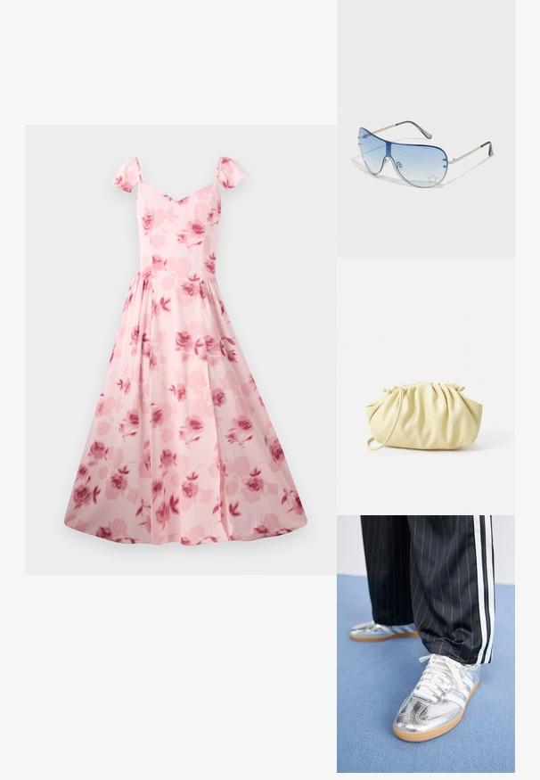 Rózsaszín virágmintás ruha rövid puff ujjakkal, testhez simuló felső résszel és bővülő szoknyával. Finom rózsamintázat és sima szövet jellemzi.; Fémes ezüst színű sneaker cipők fehér fűzőkkel és három fehér csíkkal, fekete csíkozott nadrággal párosítva. Az alján gumi talp kiemelés.; Pilóta napszemüveg, melynek áttetsző kék lencséje, ezüst fém kerete és díszes csillag díszítések találhatók a lencsén. Simogató és elegáns dizájn.; Sárga redőzött kézitáska sima műbőrből, puha formával, egy vállpánttal és ráncolt felső kialakítással.