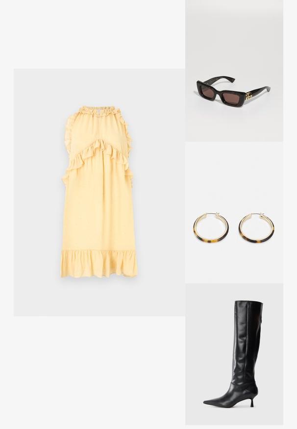 Hofmann Copenhagen SASHA - Päevakleit - butter cream; Must musta kõrge saabas terava ninaga ja sihvakate kaartega kontsadega. Sile tekstuur, keha vastav disain ja nähtava riistvarata või mustriteta.; Mustad kilpkonna pruunide läätsedega päikeseprillid, paksu raamiga ja kuldse topelt-G logo detailiga põlves.; Kuldtooni hoop-kõrvarõngad, millel on kilpkonnamustriga vaikserv äär, omavad siledat viimistlust ja elegantselt ümarat kuju.