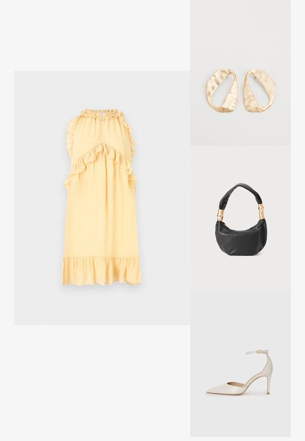 Hofmann Copenhagen SASHA - Robe de jour - butter cream; Chaussure à talon haut en cuir blanc avec un bout pointu, une bride de cheville et un talon aiguille fin. Texture lisse avec une finition légèrement brillante.; Sac à main en cuir noir de forme ronde, texture douce, et avec une anse nouée ornée d'accents en matériel doré. Fermeture éclair.; Une paire de boucles d'oreilles en métal doré, de forme ovales irrégulières, avec une surface texturée et légèrement martelée sur fond blanc.