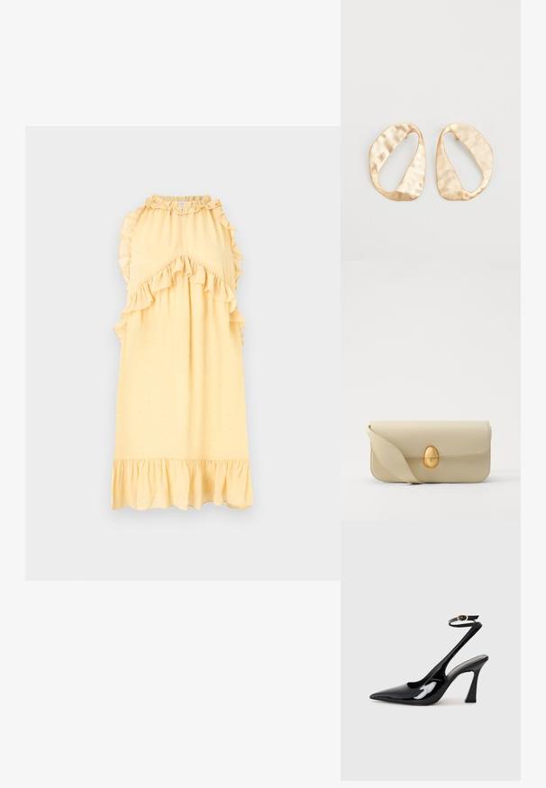 Hofmann Copenhagen SASHA - Vardagsklänning - butter cream; Svart patentläder slingback högklackade skor med spetsig tå, justerbar ankelsnodd och en måttlig blockklack. Slät yta med glansig finish.; Beige läderhandväska med en slät yta, rektangulär form och en gyllene oval lås. Har en lång, justerbar rem.; Ett par oregelbundna ovalformade örhängen i guldtonad metall med en strukturerad, något hamrad yta på en vit bakgrund.