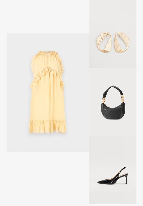 Hofmann Copenhagen SASHA - Day dress - butter cream; Black patent leather slingback pump with pointed toe, slim heel, and a subtle cutout design. Features a gold buckle on the strap.; Black leather handbag with a round shape, soft texture, and a knotted handle featuring gold-tone hardware accents. Zipper closure.; Pair of irregular oval-shaped gold-toned metal earrings with a textured, slightly hammered surface on a white background.