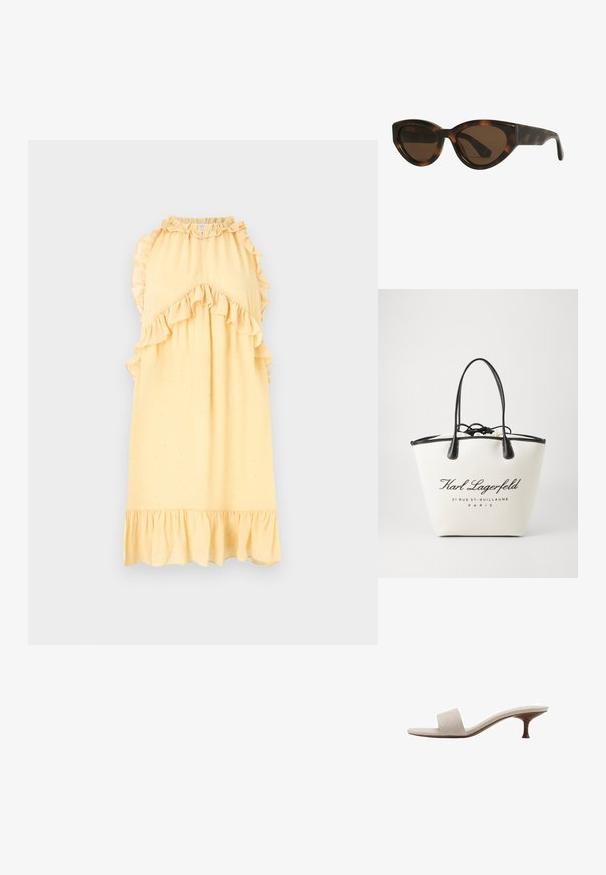 Hofmann Copenhagen SASHA - Vestito casual - butter cream; Sandal senza tacco con tomaia in tessuto intrecciato beige, punta aperta e suola intermedia curva in legno. Il design presenta una superficie liscia e una forma minimalista.; Occhiali da sole a forma di cat-eye con montatura tartarugata e lenti marroni, dotati di una struttura in plastica liscia e lucida e un design elegante. Senza loghi o dettagli visibili.; Borsa tote in tela color crema con dettagli in pelle nera, dotata di chiusura a coulisse e testo logo stampato. Texture liscia e forma strutturata.