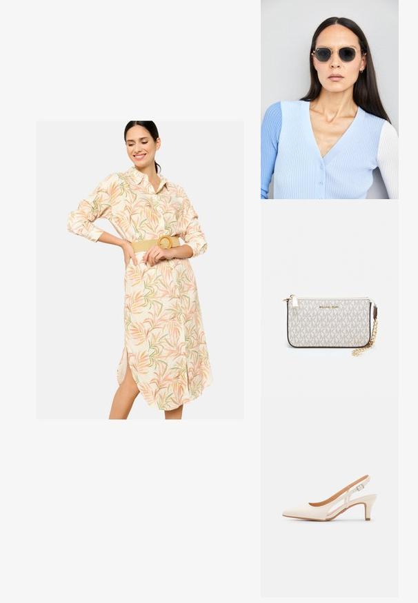 LolaLiza WITH BELT - Marškininė suknelė - offwhite; Balti slingback kulniukai su smailiu pirštu, lygia viršutine medžiaga, žemu blokuotu kulnu ir šoniniu išpjovimu su reguliuojamu sagtimi.; Apskriti saulės akiniai su tamsiais objektyvais ir auksiniais rėmeliais. Modelis vilki šviesiai mėlyną, raukinį kardiganą su mygtukais ir kontrastingomis baltomis rankovėmis.; Michael Kors rankinė smėlio spalvos dengto kanvoje su pakartotiniu MK logotipo raštu, auksinėmis detalėmis ir nuimamu grandininiu dirželiu.