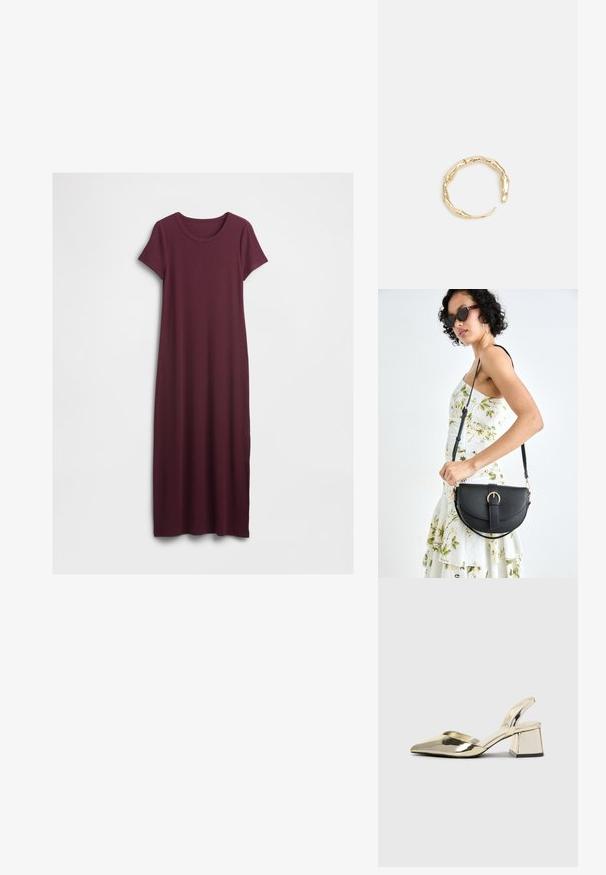 Robe bordeaux à manches longues, à col rond et coupe droite, présentée sur un fond blanc uni.; Talons aiguilles dorés métalliques avec un bout pointu et un talon épais. Texture lisse, design minimaliste et une fine bride.; Sac à main en cuir noir avec une forme courbée, bandoulière amovible et des accessoires en or. Le sac est doté d'un rabat avec un détail de boucle.; Bague en or ornée d'un design organique et torsadé, avec une texture lisse et des extrémités effilées, créant une apparence moderne et sculpturale.