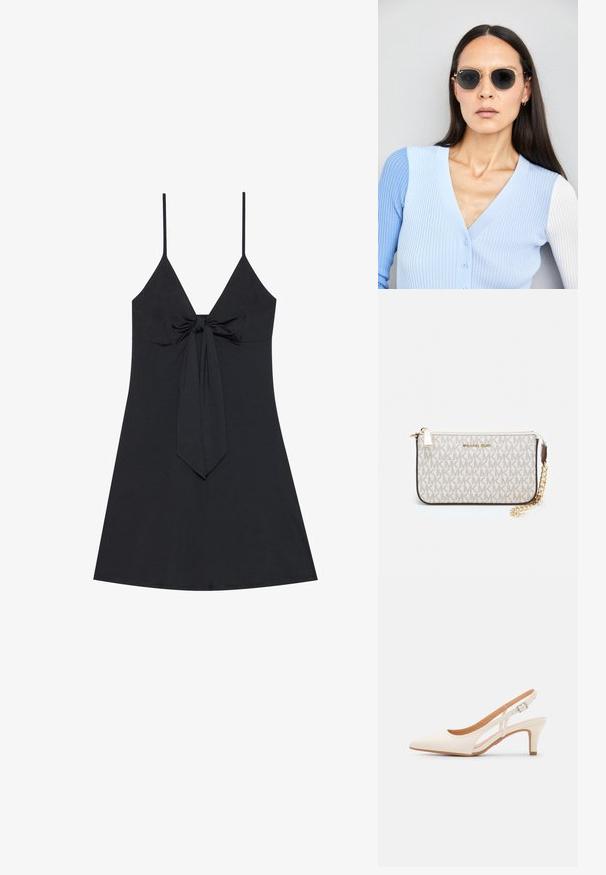 Schwarzes ärmelloses Kleid mit tiefem V-Ausschnitt und einem Knoten-Detail vorne. Einfacher, glatter Stoff mit ausgestelltem Saum und dünnen Schulterträgern.; Weiße Slingback-Absätze mit spitzer Zehenpartie, glattem Obermaterial, niedrigem Blockabsatz und seitlichem Ausschnitt-Design mit verstellbarem Schnallenriemen.; Runde Sonnenbrillen mit dunklen Gläsern und goldenen Rahmen. Das Modell trägt eine hellblaue, gerippte Strickjacke mit Knöpfen und weißen Kontrastärmeln.; Michael Kors Clutch in beige beschichtetem Canvas mit einem wiederholten MK-Logo-Muster, goldfarbener hardware und einem abnehmbaren Kettenriemen.