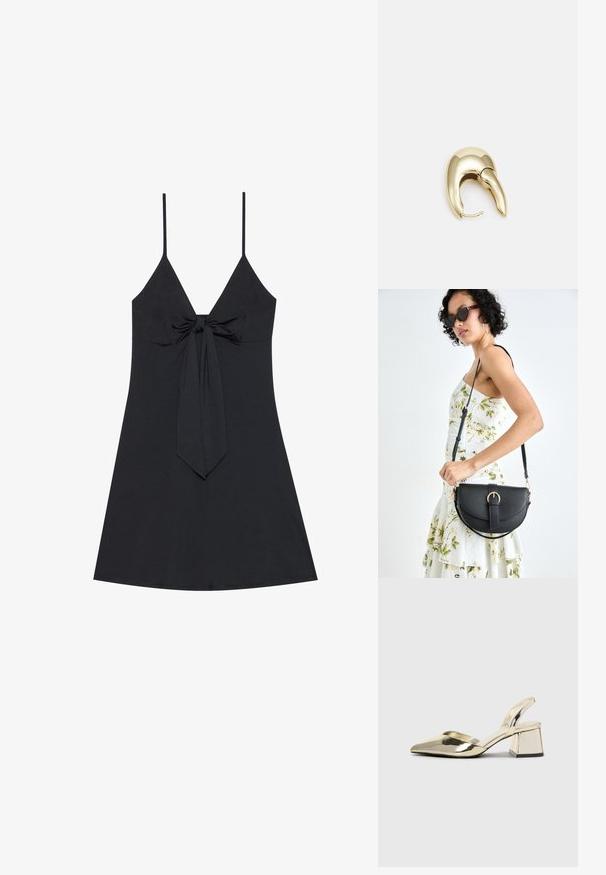 Czarna sukienka bez rękawów z głębokim dekoltem w kształcie litery V i detalem w postaci węzła z przodu. Prosta, gładka tkanina z rozkloszowanym dołem i cienkimi ramiączkami.; Złote, metaliczne szpilki z boku z wydłużonym noskiem i grubym obcasem. Gładka faktura, minimalistyczny design i wąski pasek.; Czarna skórzana torebka o zakrzywionym kształcie, z odpinanym paskiem i złotymi akcentami. Torebka posiada klapę z zapięciem w kształcie klamry.; Złote metalowe kolczyki o eleganckim, zakrzywionym kształcie. Posiadają charakterystyczny szpiczasty kształt, polerowaną powierzchnię oraz zapięcie na zawias.
