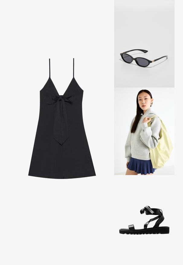 Črna brezrokavna obleka z globokim V-izrezom in detajlom vozla spredaj. Preprosta, gladka tkanina s širokim dnom in tankimi naramnicami.; Črne sandale z teksturiranim podplatom, ki imajo tanke naramnice in vozlano zasnovo. Narejene iz gladkega materiala, sodobne oblike in odprtega prsta.; Črne sončne očala z ovalnimi lečami, temno gradientno zaščito ter ozkimi ročaji z diskretnimi zlatimi detajli. Gladka plastična površina.; Siva prevelika kapuca s kenguru žepom, uparena s mornarsko plavom suknjom s volanima. Dodatak: veliki svijetložuti ruksak, glatke teksture.