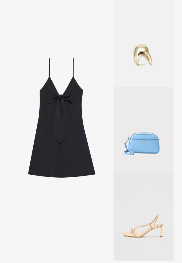 Rochie neagră fără mâneci, cu decolteu adânc în V și un detaliu de nod în față. Material simplu, neted, cu un fund flared și bretele subțiri.; Sandale cu toc înalt, aurii, cu curele decorate, design cu vârf pătrat și un toc subțire pentru stabilitate.; Geantă de umăr din piele albastru deschis, cu accente aurii, închidere cu fermoar și un buzunar frontal. Dispune de o curea ajustabilă pentru confort.; Cercei din metal de culoare aurie cu un design elegant și curbat. Prezintă o formă distinctivă, ascuțită, o suprafață lustruită și un sistem de închidere cu balama.