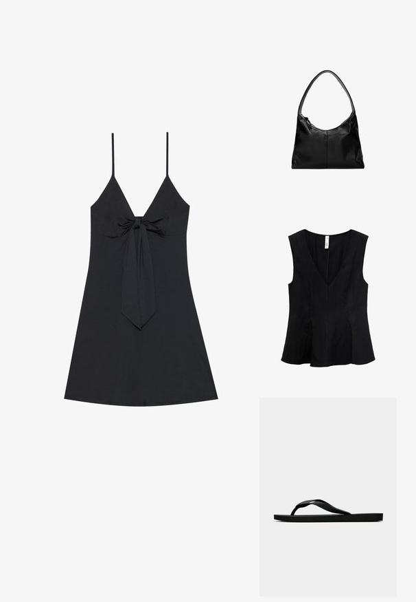 Černé bezramenné šaty s hlubokým výstřihem do V a detailem uzlu vpředu. Jednoduchá, hladká tkanina s rozšířeným spodním dílem a tenkými ramínky.; Černý top bez rukávů s výstřihem do V, rozevlátým designem a hladkou texturou. Látka vypadá jemně s decentním splýváním.; Černé gumové žabky s texturovaným páskem a jednoduchou plochou podrážkou, zobrazené z boku na světlém pozadí.; Černá kožená kabelka na rameno s hladkým povrchem, zakřiveným vrškem a jedním popruhem. Disponuje zipovým zavíráním a minimalistickým designem.