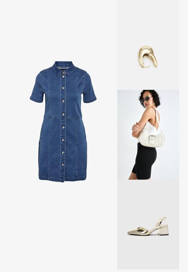 Denim skjortekjole med korte ermer, lys blå farge, knapper foran, krage og sidelommer. Har kontrasterende sømmer for detaljer.; Gull, metallisk slingback-hæler med spiss tå og chunky hæl. Glatt tekstur, minimalistisk design og en smal stropp.; Hvit lær håndveske med en buet form, justerbar stropp og en liten spenne-detalj. Modellen har på seg en tettsittende svart antrekk.; Gullfarget metalløredobber med et elegant, buet design. Har en karakteristisk spiss form, polert overflate og hengsel-lukking.