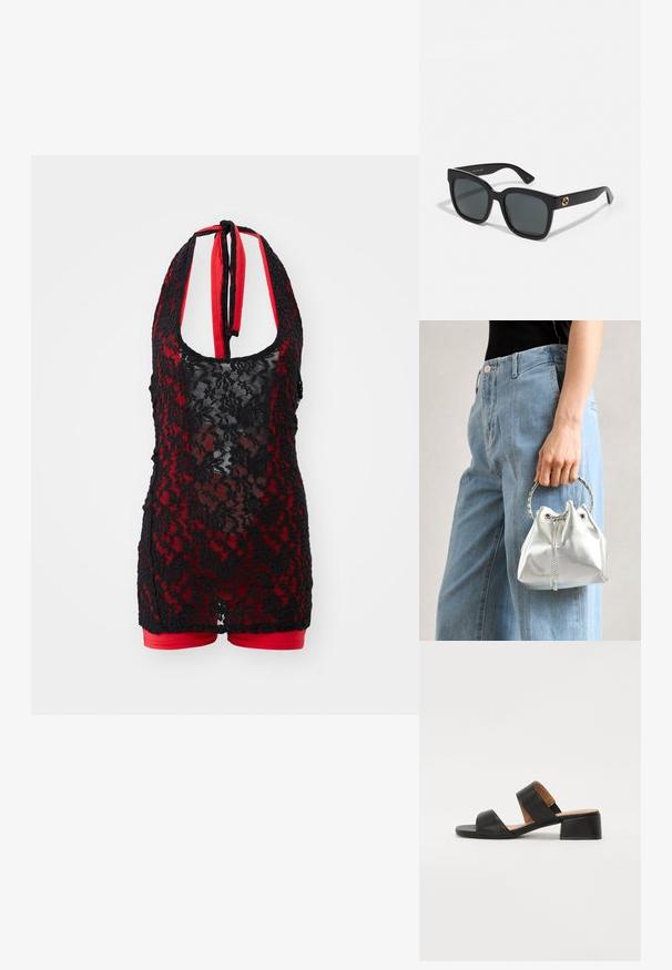 Body en dentelle noire avec un col halter, doté d'un intérieur rouge et d'un design de short. Motif floral avec une texture transparente.; Sandale en cuir noir avec deux larges bandes traversant le pied, un bout carré et un petit talon carré. Texture lisse et design minimal.; Lunettes de soleil noires avec des verres rectangulaires, présentant une finition brillante et des accents de logo dorés sur les branches. Les verres gris foncé offrent une protection UV.; Sac en seau argent métallique avec une finition texturée, orné d'une poignée ronde en argent et d'une fermeture à cordon, tenu contre un jean bleu clair.