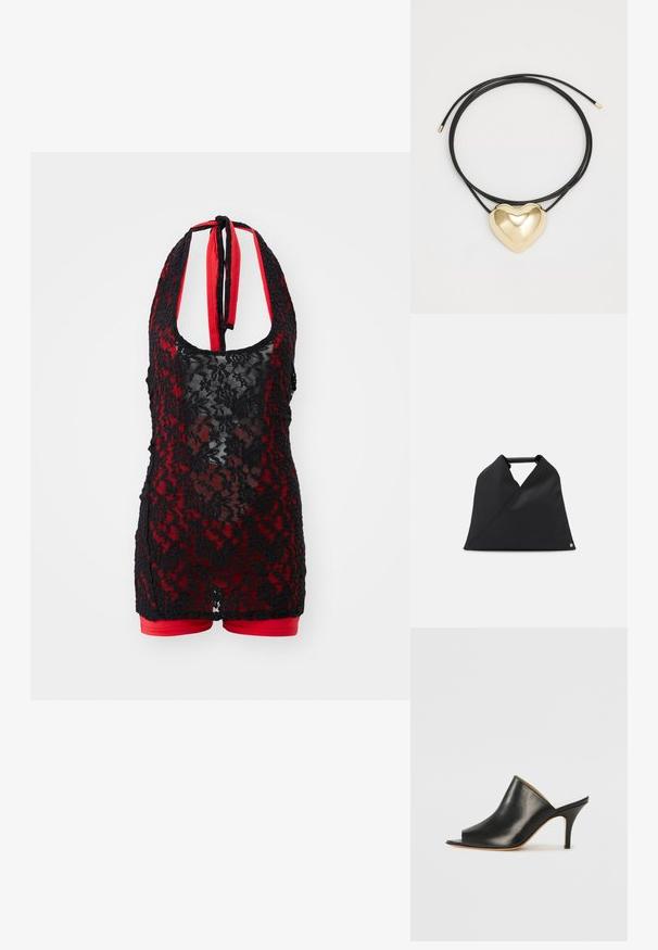 Zwarte kant bodysuit met een halternek, met een rode binnenkant en een shorts ontwerp. Bloempatroon met een doorschijnende textuur.; Zwarte leren open teen muiltjes met een elegante, gebogen vorm, hoge stilettohak en een soepele textuur. Het interieur heeft een contrasterende lichte kleur.; Zwarte leren tas met een asymmetrisch ontwerp en een gestructureerd oppervlak. Het heeft een eenvoudige handgreep en een subtiele logo-accent.; Zwarte gevlochten koordketting met een gepolijste gouden hartbedel met zachte lijnen en een glanzende afwerking.