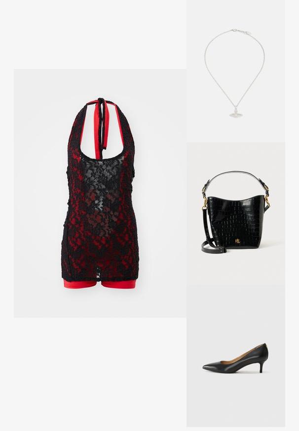 Body en dentelle noire avec un col halter, doté d'un intérieur rouge et d'un design de short. Motif floral avec une texture transparente.; Pompe noire en cuir avec un embout pointu, un petit talon et une texture lisse. Présente une légère ouverture à l'avant et un matériel minimal à l'arrière.; Sac en cuir noir à motif crocodile, de forme courbée, avec des accents en métal doré, une bandoulière ajustable et un détail de logo à l'avant.; Collier en argent avec une chaîne délicate et un pendentif ovale présentant des détails raffinés et une petite pierre précieuse en accent.