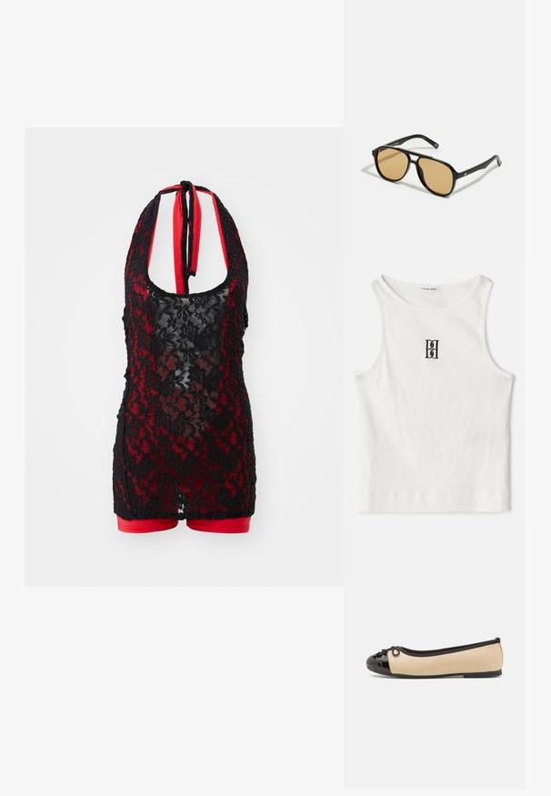 Čierny čipkový body s halter krkom, s červeným interiérom a dizajnom šortiek. Kvetinový vzor s priesvitnou textúrou.; Biely rebrovaný tielko s čiernym výšivkovým logom umiestneným na hrudi. Výstrih a otvory na rukávy sú dokončené jemným lemovaním.; Baleríny s telom z béžovej kože a lesklou čiernou lakovanou špičkou. Obsahujú malú mašľu na prednej strane. Plná podrážka.; Čierne slnečné okuliare s hnedými farebnými šošovkami; obdĺžnikový tvar s hrubým rámom, vrátane jemných kovových akcentov na stranách.