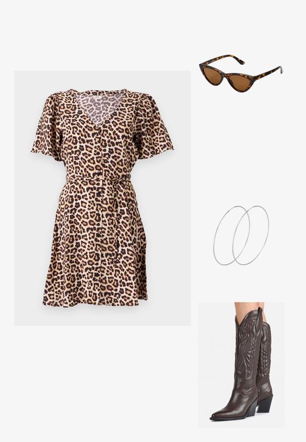Haljina s leopardskim uzorkom od mekanog materijala, s V-izrezom, kratkim lepršavim rukavima, kopčanjem na dugmad i s vezanom strukom. Donji rub završava iznad koljena.; Smeđe kožne kauboj čizme s šiljastim vrhom i blok-potpeticom, s detaljno izvezenim šavovima i uzdignutim naglascima na okovu.; Sunglasses u obliku mačjih očiju s okvirom u crno-narančastom kornjačevom uzorku, smešnim lećama i elegatnim, šiljastim vrhovima. Sadrži minimalni logo na dršci.; Srebrne okrugle naušnice s minimalističkim dizajnom. Kružni oblik, glatka tekstura i tanak profil. Lagane s poliranim završetkom.