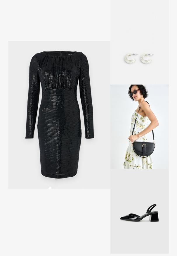 Robe de soirée noire à manches longues, silhouette ajustée, et surface texturée en sequins. Présente des détails froncés au niveau du décolleté et une fermeture éclaire au dos.; Escarpins en cuir verni noir avec bout pointu et talon bloc géométrique. Présente un design élégant et minimaliste ainsi qu'une texture lisse.; Sac à main en cuir noir avec une forme courbée, bandoulière amovible et des accessoires en or. Le sac est doté d'un rabat avec un détail de boucle.; Boucles d'oreilles en ton argent, au design en anneau torsadé, présentant une surface texturée et des détails nervurés, sécurisées par une fermeture à tige.