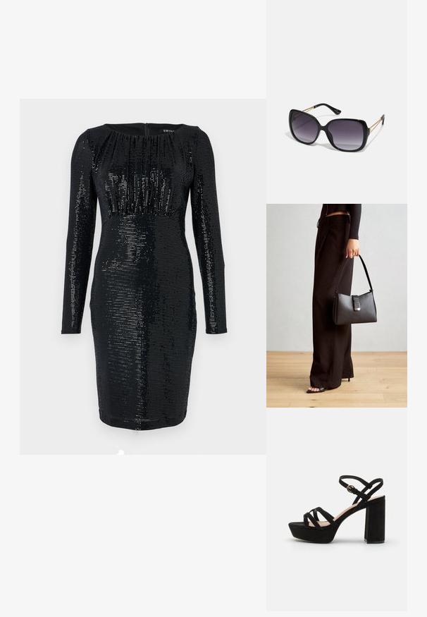 Fekete estélyi ruha hosszú ujjal, testhez simuló siluettel és texturált flitterfelülettel. Gyűrt részletekkel rendelkezik a nyaknál és hátsó cipzárral.; Fekete velúr platform szandál, tömbsarokkal, keresztbe tett pántokkal és csatos bokapánttal a biztonságos illeszkedés érdekében.; Fekete, oversize napszemüveg fokozatos árnyalatú lencsékkel, vastag kerettel és arany színű lánc díszítéssel a szárakon.; Fekete kézi táska strukturált formával, sima textúrával és fémből készült záródással. Széles fekete nadrággal és nyitott orrú szandállal párosítva, fából készült padlón.