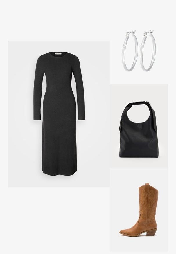 Dolga rukava, temno siva pletena obleka s prilagojenim silhueto, okroglim dekoltejem in stranskimi razporki za lažje gibanje. Gladka tekstura po celotni obleki.; Rjavi usnjeni kauboj čevlji s koničastim nosom, vezenimi vijugastimi vzorci na zgornjem delu in zloženim kvadratnim peto. Imajo zanko za enostavno obuvanje.; Črna usnjena torbica z veliko odprto zgornjo stranjo in enim ramenskim trakom. Mehka tekstura, minimalističen dizajn, vsebuje subtilne kovinske poudarke.; Srebrni obroči za ušesa z gladko, polirano površino. Okrogla oblika in varna zaponka s klikom. Lahka zasnova, primerna za vsakodnevno nošenje.