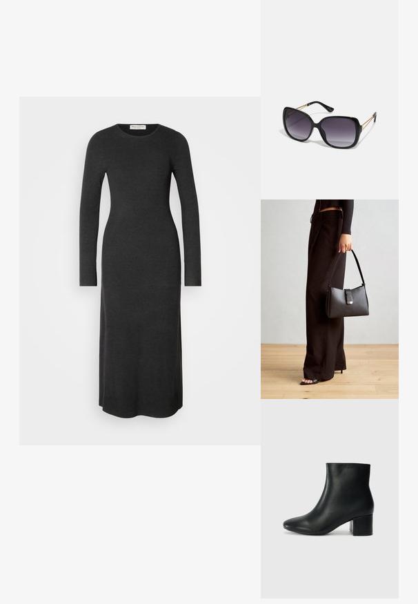 Dlouhý rukáv, tmavě šedé pletené šaty s přiléhavým střihem, kulatým výstřihem a bočními rozparky pro snadný pohyb. Hladká textura po celém povrchu.; Černé kožené kotníkové boty s špičatou špičkou a robustním podpatkem. Hladký povrch s minimálními akcenty a elegantním, přiléhavým designem.; Černé oversized sluneční brýle se gradientními skly, silnými rámy a zlatými řetízkovými detaily na nožičkách.; Černá kabelka se strukturovaným tvarem, hladkým povrchem a kovovým uzávěrem. Kombinována s širokými černými kalhotami a sandály s otevřenou špičkou na dřevěné podlaze.
