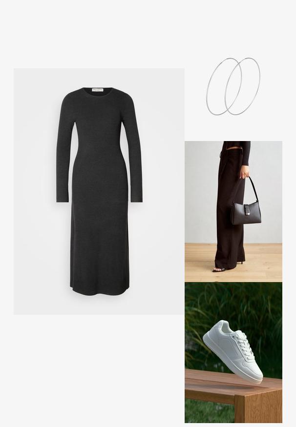 Dolga rukava, temno siva pletena obleka s prilagojenim silhueto, okroglim dekoltejem in stranskimi razporki za lažje gibanje. Gladka tekstura po celotni obleki.; Bela teniska s gladkim sintetičnim zgornjim delom, perforiranim prednjim delom, ravnimi vezalkami in teksturiranim podplatom, prikazana na leseni površini.; Črna torbica z strukturirano obliko, gladko teksturo in kovinskim zaponko. Ujemajo se z širokimi črnimi hlačami in odprtimi sandali na lesenem tleh.; Srebrne uhane v obliki obroča z minimalističnim dizajnom. Krožna oblika, gladka tekstura in tanek profil. Lahki s poliranim zaključkom.